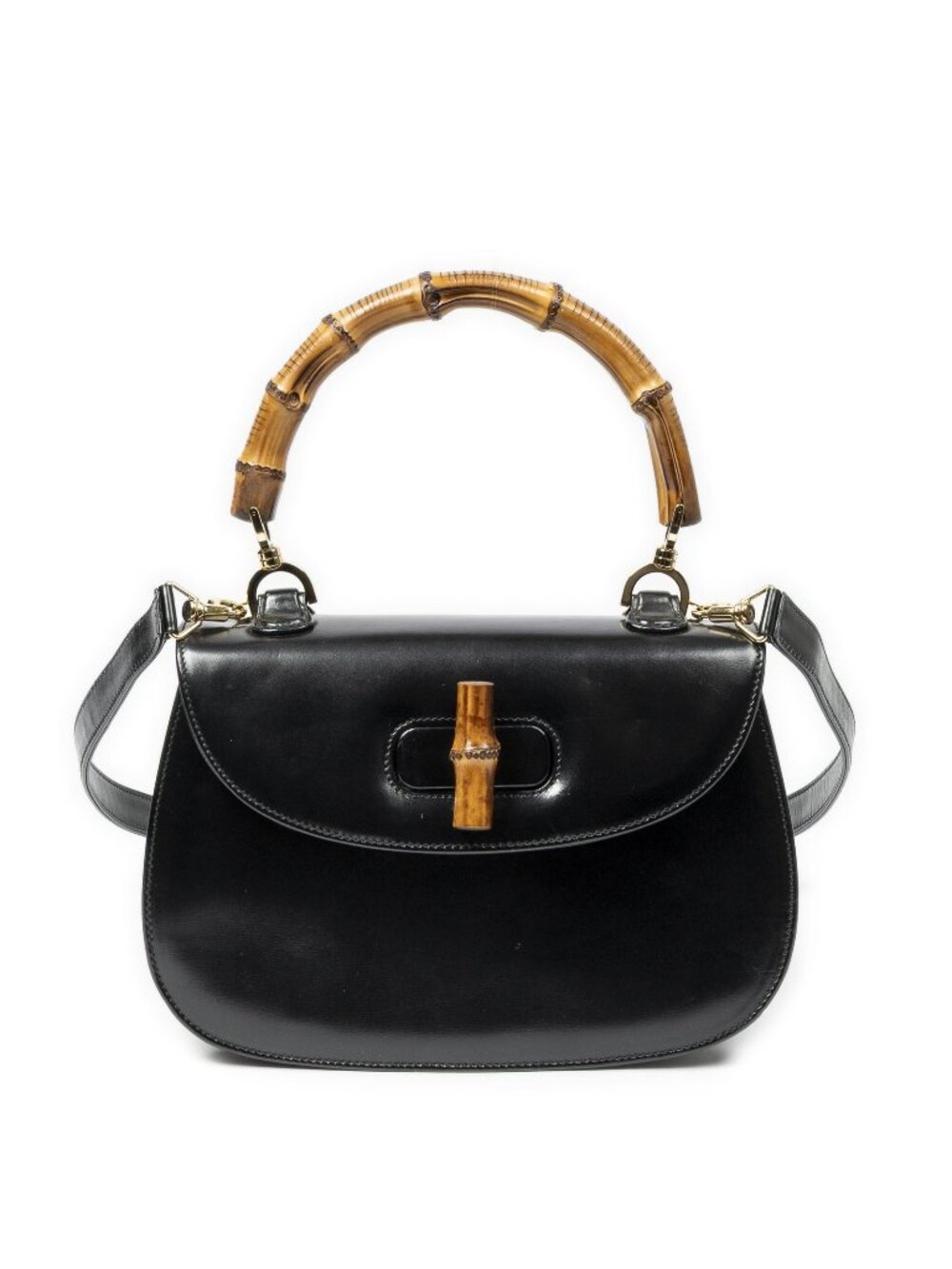 Gucci Small Bamboo Top Handle Flap Bag Black Smooth Leather